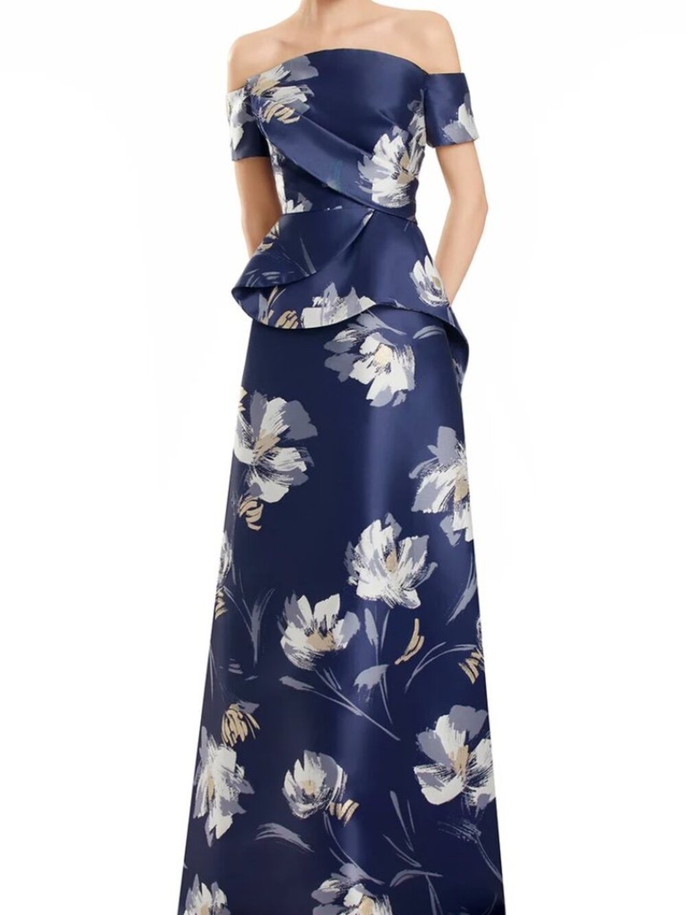 NWT Alexander by Daymor 3109F25 Off-Shoulder Formal Dress Navy/Multi size 4